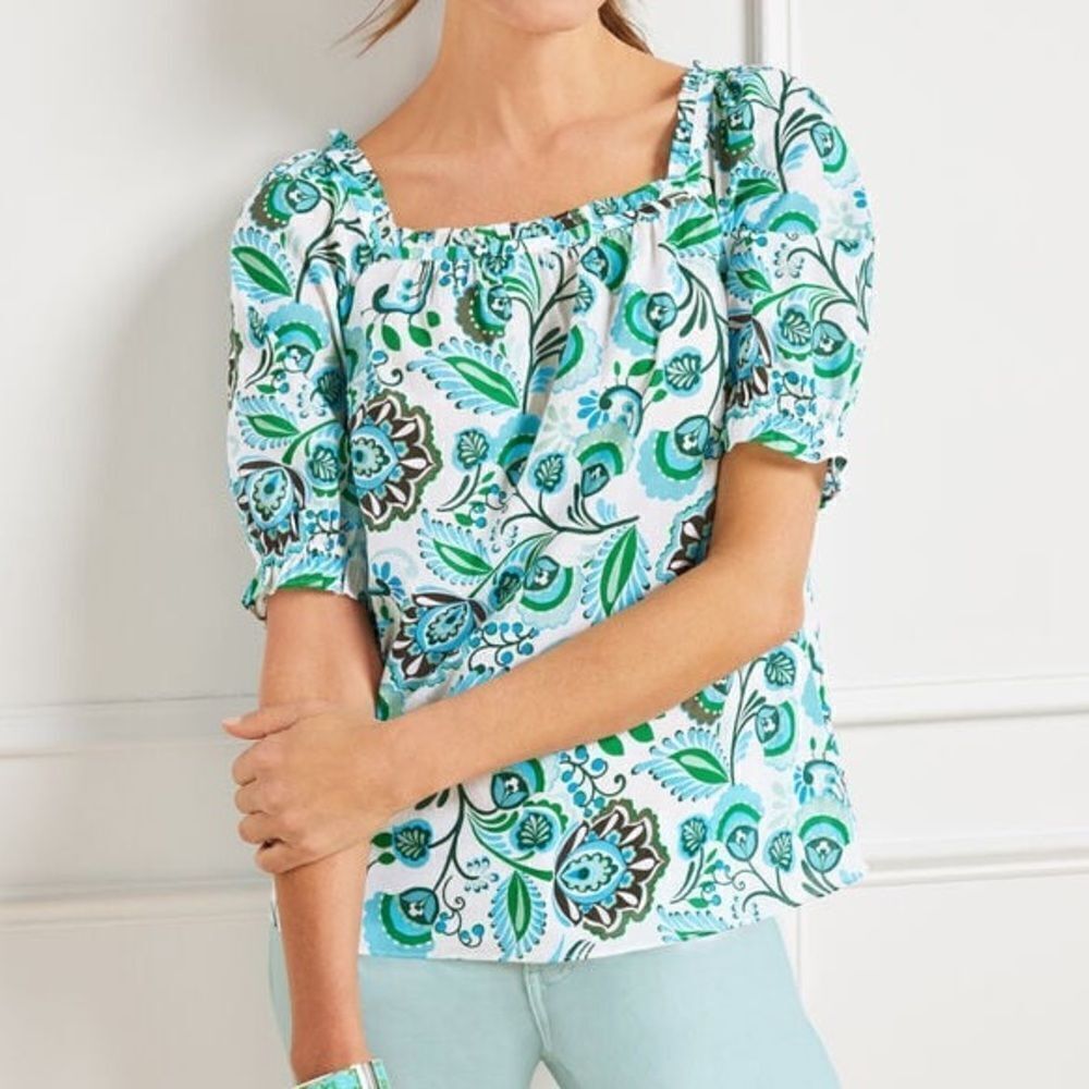 Talbots Women Petite XLARGE Floral Square Neck Blouse